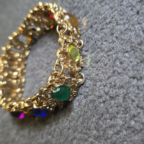 Vintage Gold Tone Ornate Bracelet with Multicolor Stones VGUC - Picture 14 of 14